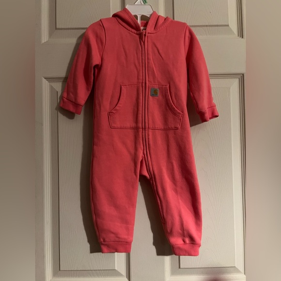 Carhartt Infant Long Sleeve Fleece Zip-Front Hooded Coverall, size 12 mo, pink - Picture 1 of 6